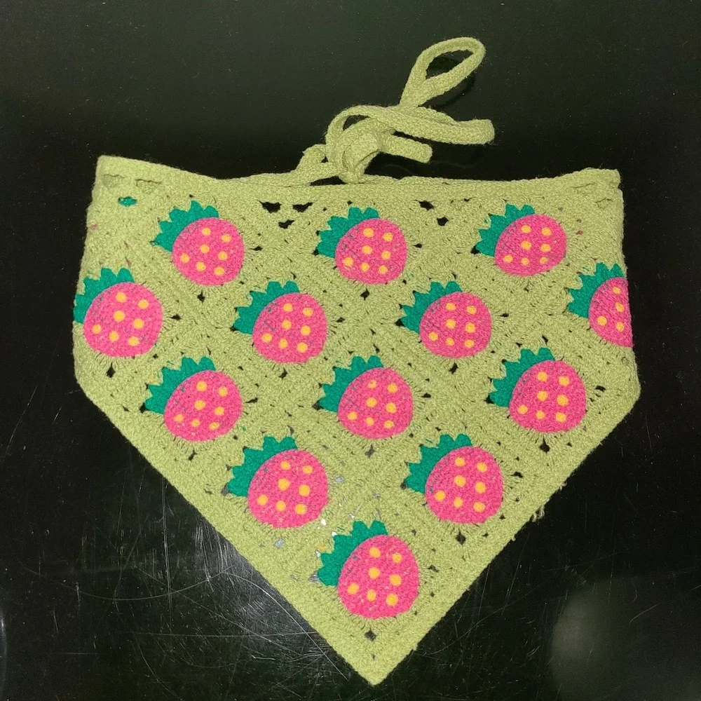 Boho Crochet Bandana Strawberry Cottage Core Hippie Hair Scarf Green